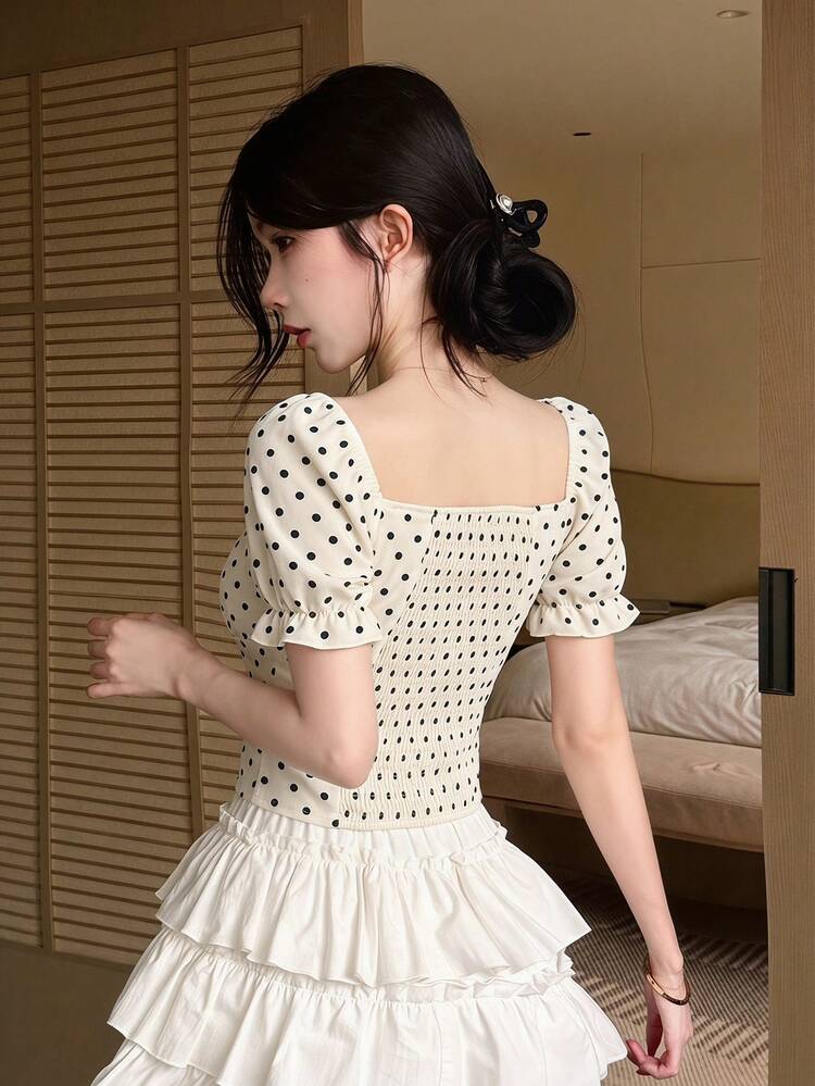 Women's Polka Dot Square Collar Ruffle Sleeve Fitted Blouse, Spring & Summer