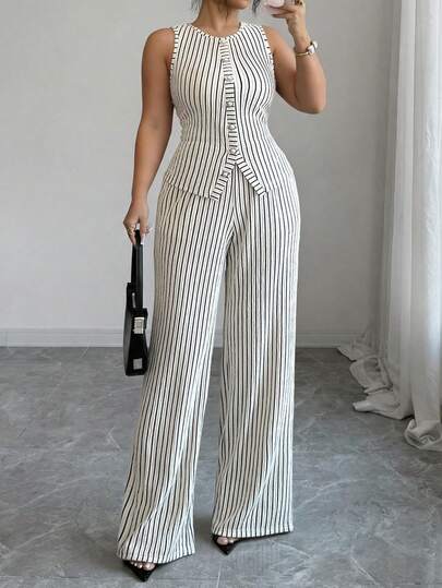 SHEIN Tall CURVE Plus Size Elegant Striped Fitted 2 Pieces Set