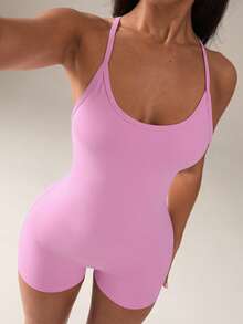 SHEIN BAE Women's Versatile Comfortable Sports Romper For Yoga & Fitness - Pink - View 4