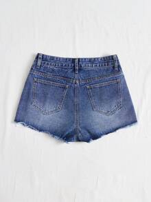 SHEIN PETITE Pantalones cortos de mezclilla casuales con bolsillos y dobladillo deshilachado para mujer - Azul - Ver 2
