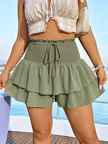EMERY ROSE Plus Size Linen Crinkle Drawstring Waist Design Skort, Mint Green Vacation Design - Army Green - View 5