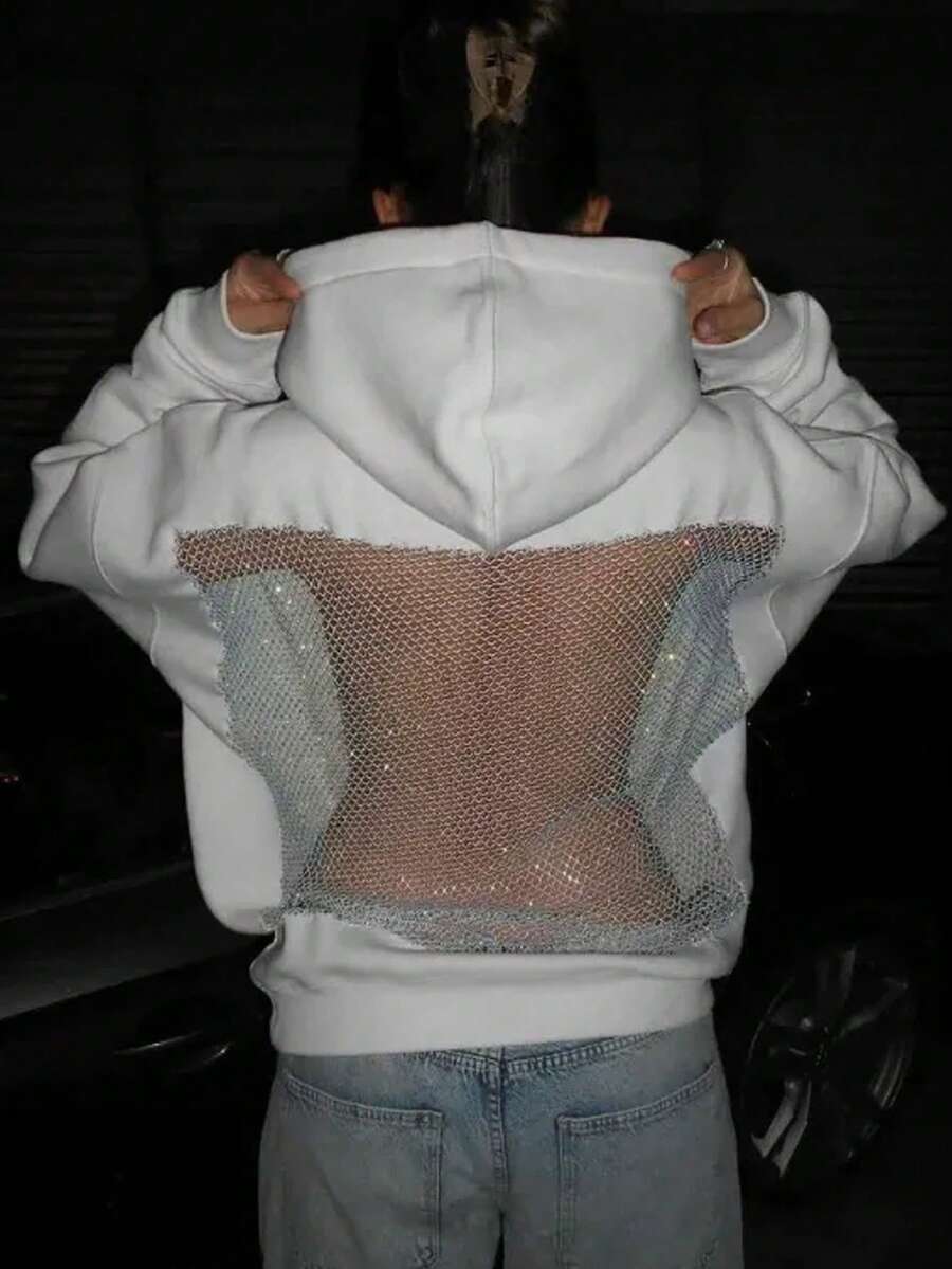 INAWLY Women's Casual Sexy Backless Mesh Sweatshirt - White - View 1