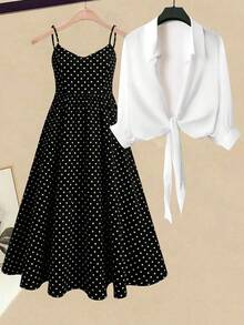 Franclia Women's 2-Piece Black And White Summer 1950s Vintage Elegant Tea Party Set,Chiffon V-Neck Suspender Long Skirt Sundress With Lantern Sleeve Top Shirt - Multicolor - View 1