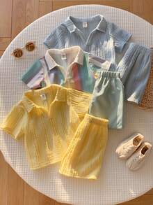 SHEIN Bộ 3 món áo polo cổ chữ V và quần short phong cách thường ngày dễ thương cho bé trai/bé gái, thích hợp cho kỳ nghỉ hè. - Màu xanh bạc hà - Xem 4