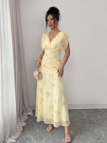 Elenzga Vestido de malla rosa claro con estampado de peonía con forro, adecuado para eventos formales, fiestas, citas de San Valentín para edades de 20 a 35+ años (estampado floral aleatorio) - Amarillo claro - Ver 3