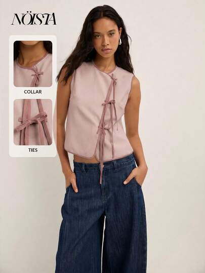 Nöista Blusa de uso diario versátil y casual con bloques de color y cordones para mujer