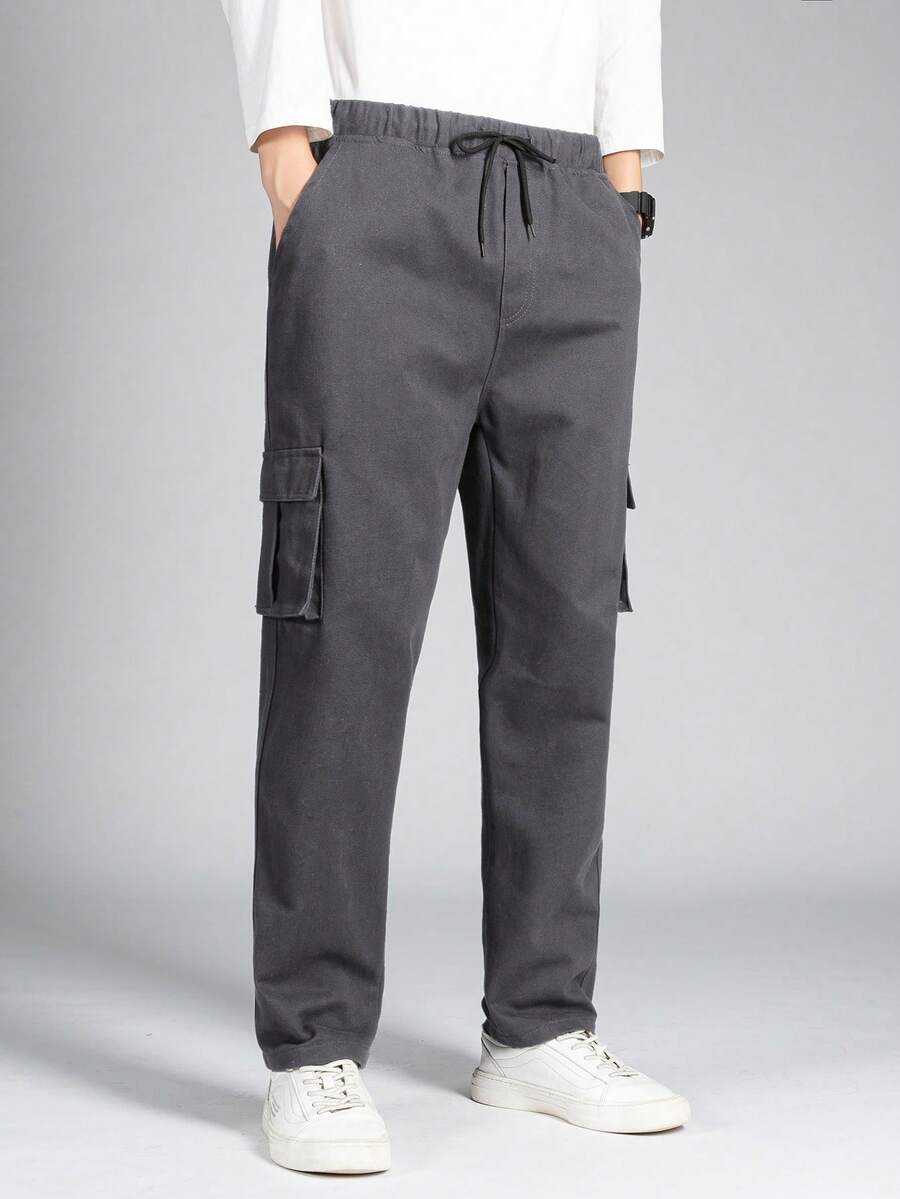 OTTIMOZO Loose Fit Men's Flap Pocket Drawstring Waist Pants - Dark Grey - View 1