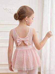 SHEIN Đầm múa ba lê tay ngắn màu hồng voan cho bé gái, thiết kế xếp ly phía trước, nơ xinh xắn phía sau, chân váy voan mềm mại và nhẹ, co giãn và thân thiện với da, thích hợp cho khiêu vũ, yoga và thể thao, phù hợp cho mọi mùa. - Hồng - Xem 4