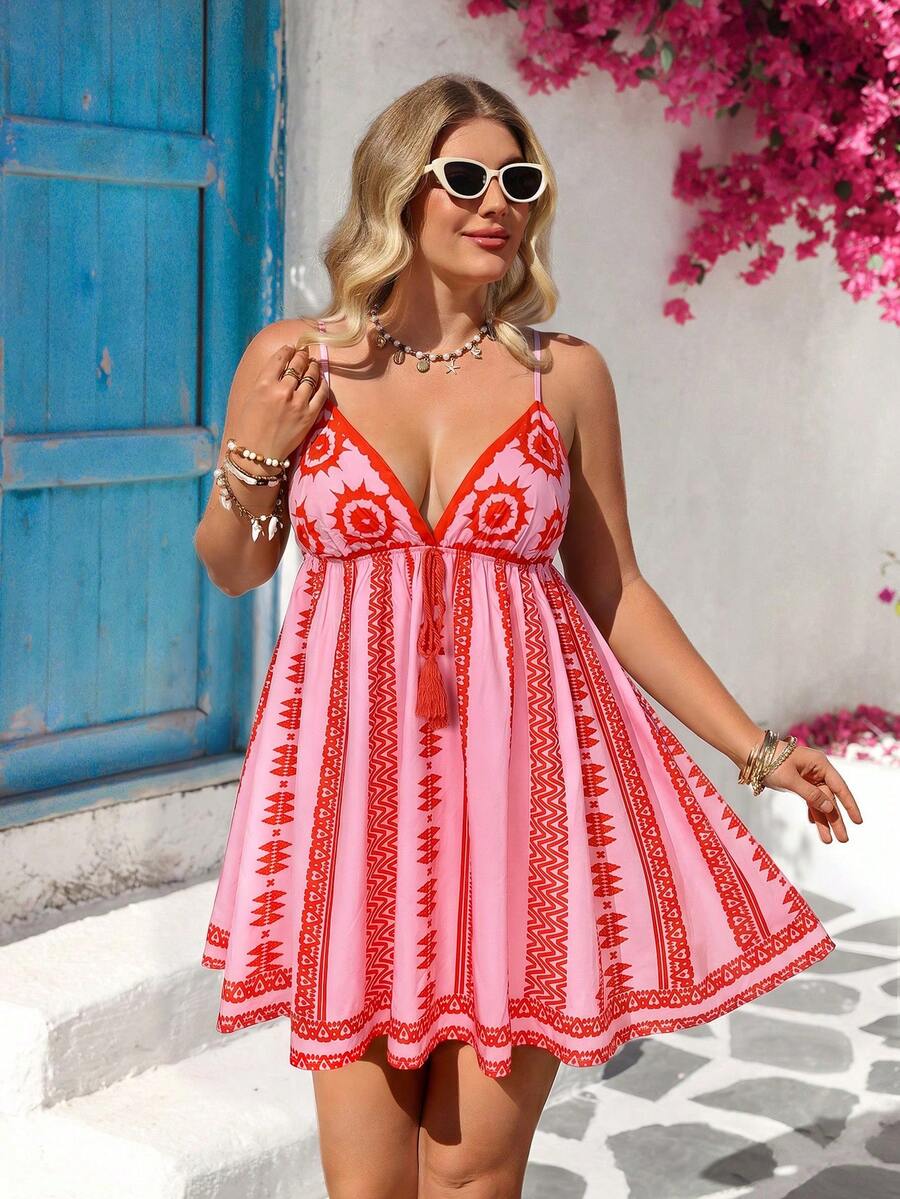 Vivid Eden Große Größen Elegantes romantisches Kleid mit Schlankheitseffekt und Muster für Damen, Valentinstag Kleid - Orange - Übersicht 1