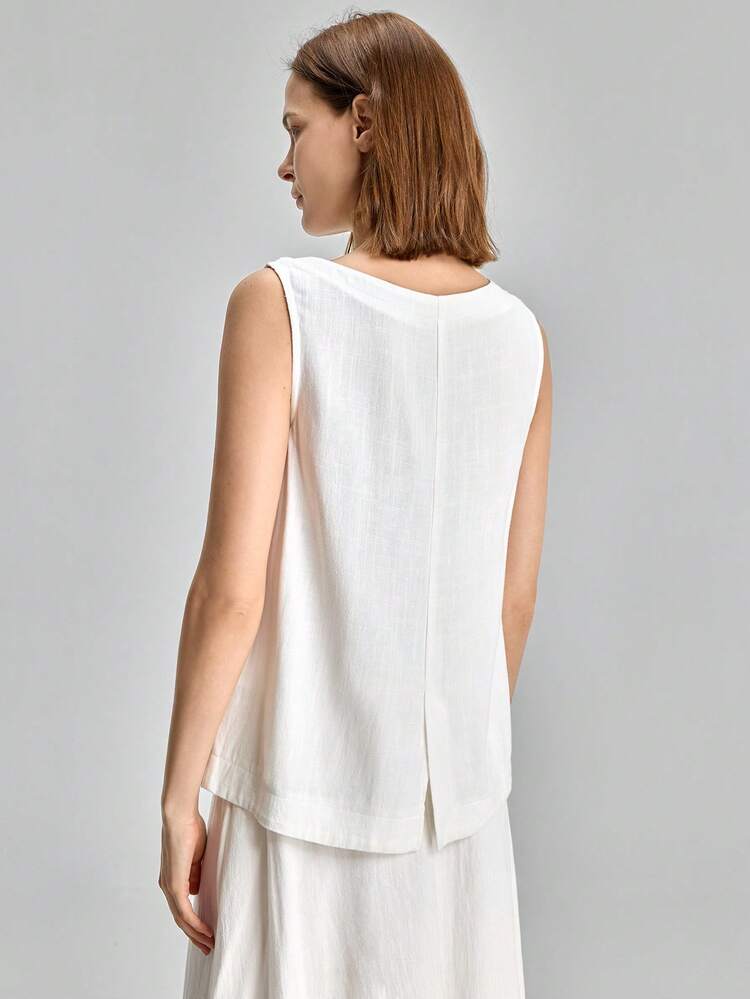 Women's White Round Neck Casual Sleeveless Top,Summer Picnic Versatile Linen Blend Blouse,Elegant Modern Urban Office Attire,Boho Vacation Outfits