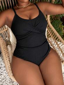 Slaydiva Baju Renang Tankini 2 Potong Kasual Motif Gradien untuk Wanita Ukuran Plus - Hitam - View 4
