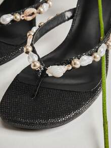 SHUZIA Women's Elegant Minimalist Metal Decor Thong Strap Slip-On Heeled Sandals - Black - View 4