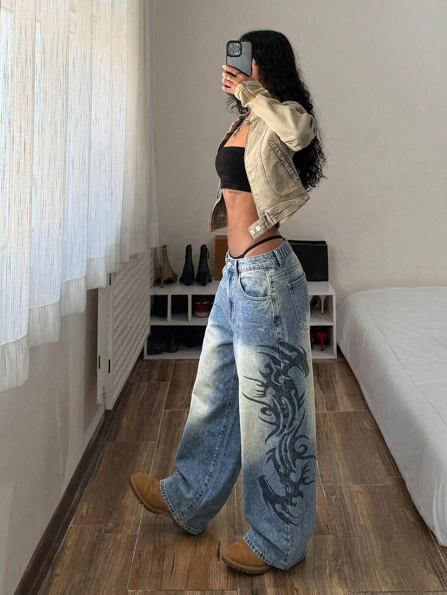 Jeanoix Jeans acampanados de talla grande con estampado retro vintage - Lavado ligero - Ver 1