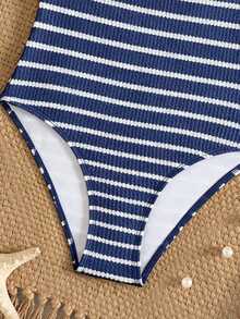 SHEIN Tween Girl Colorblock Striped Print Casual One-Piece Swimsuit - Navy Blue - View 5