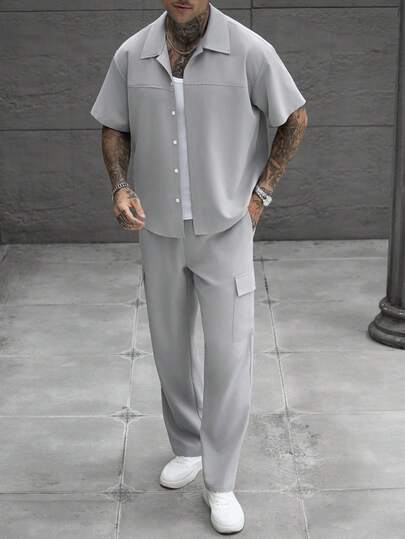 SLATEMANN Men's Solid Color Shirt And Pants Workwear Set