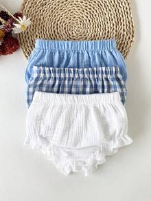 SHEIN Bộ 3 món quần short và legging kẻ caro màu be, trắng sữa, hồng cho bé gái, chất liệu cotton nguyên chất, dáng rộng, thích hợp cho hoạt động ngoài trời, thoải mái hàng ngày, phù hợp với nhiều dịp tiệc tùng. - Màu xanh lam - Xem 2