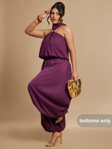 SHEIN BAE Plus Size Casual Elastic Waist Pleated Drape Pants - Purple - View 3