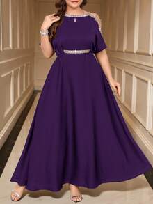 SHEIN Clasi Plus Size Elegant Party Sequin Embellished Off-Shoulder Dress - Purple - View 1