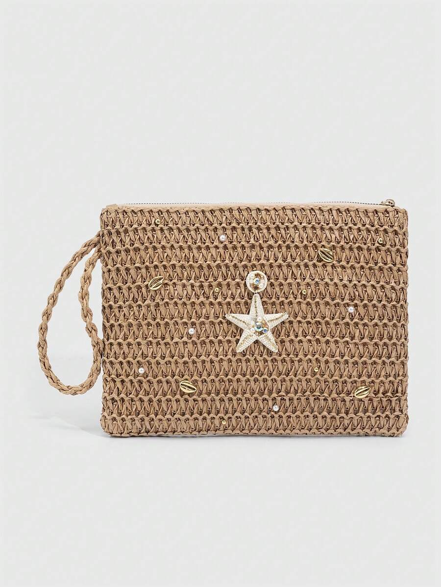 SHECARRY 1Pc Bohemian Vacation Style Corn Husk Woven Clutch, Rhinestone ,Starfish, Coconut Tree Decor, Women's Evening Bag,Spring Summer Resort Woven Clutch, Starfish & Pearl & Shell Decor, Corn Husk Handbag For Women - Multicolor F - View 1