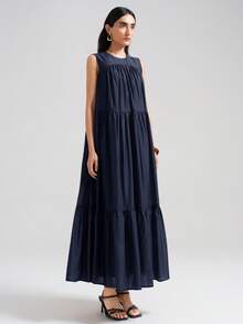 Ontre 2026SS New Women's Casual Commute Fashion Versatile Sleeveless Solid Color Long Dress Business Casual - Navy Blue - View 5