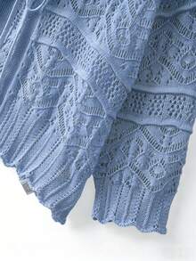 GlowEve CURVE Plus Size Elegant Hollow Out 3/4 Sleeve Round Neck Tie Bow Cardigan - Blue - View 6