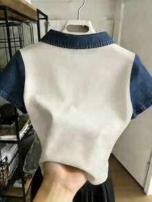 Camiseta de mujer casual y versátil con cuello polo y mangas cortas en bloques de color, regalo para ella / regalo de vacaciones - Multicolor 6 - Ver 3
