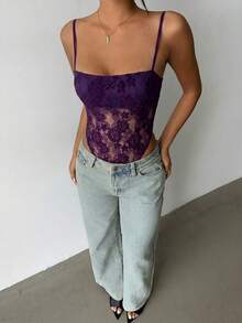 Aloruh Solid Color Sheer Lace Patchwork Backless Sexy Camisole Bodysuit - Purple - View 7