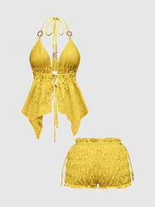 ROMWE Avant Conjunto de 2 piezas de top con tirantes finos y espalda descubierta, y shorts de burbuja de cintura baja, con decoración de cuentas de madera estilo Y2K para mujeres - Amarillo - Ver 2