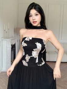 Modelyn Vestido negro con escote sin tirantes y lazo, con bordado floral elegante de gasa - Negro - Ver 5