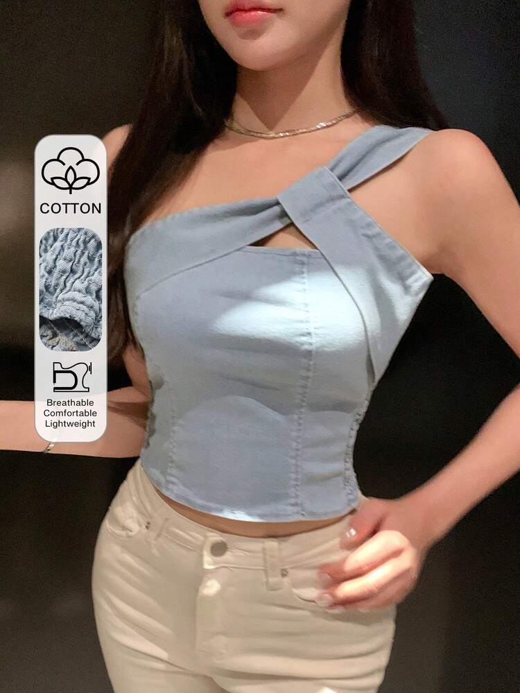 Spring & Summer Asymmetrical Shoulder Cropped Top, Twist Design, Fitted, Casual, Suitable For Valentine's Day, Wedding, Vacation, Beach, Bohemian Style, Elegant Camisole, Women's Denim Top
