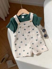 SHEIN 2件套男女宝宝休闲可爱度假风短袖T恤和背带短裤套装，男宝宝套装，男宝宝夏季服装 - 綠色 - 查看 6