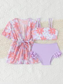 SHEIN Conjunto de 3 piezas para bebé niño que incluye parte superior de tankini con estampado floral, calzoncillos de natación con volantes de unicolor y camiseta de protección solar de manga corta - Púrpura malva - Ver 5