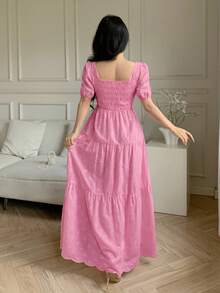 Modelyn French Square Collar Petal Sleeve Hollow Embroidery Cinched Waist A-Line Dress For Women - Watermelon Pink - View 3