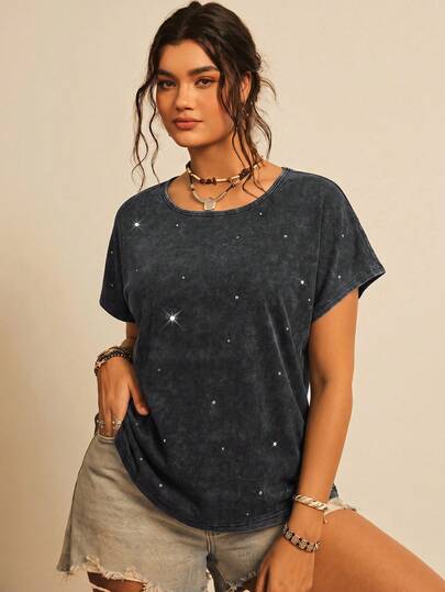 Freevana Camiseta holgada de algodón de color gris oscuro sólido, de cuello redondo y manga corta, con elegantes aplicaciones de cristales brillantes, para mujer talla grande, primavera/verano