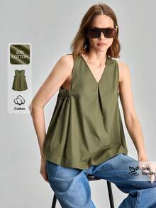 Ontre Áo kiểu nữ không tay cổ chữ V màu trơn, phong cách thường ngày - xanh quân đội - Xem 1