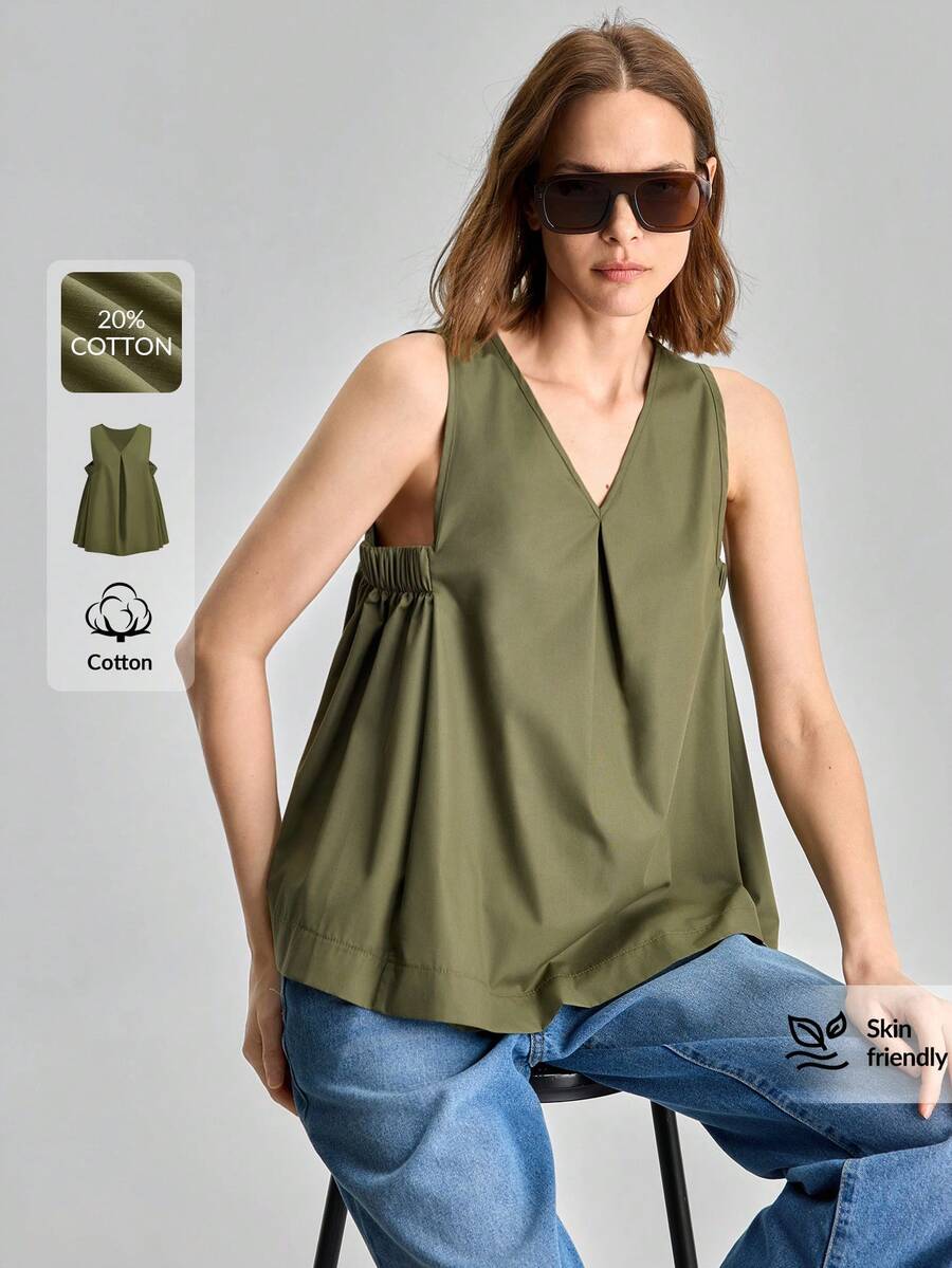 Ontre Áo kiểu nữ không tay cổ chữ V màu trơn, phong cách thường ngày - xanh quân đội - Xem 1