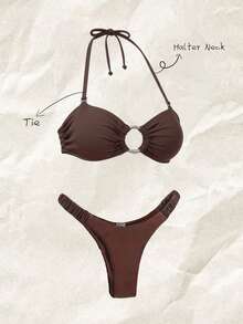 Elavelle Women's Solid Color Strapless Circular Decor Bikini Set, Spring/Summer - Brown - View 4