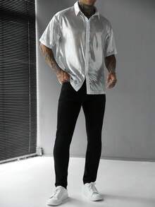 Manfinity AFTRDRK Herrskjorta med kort ärm och knappar fram, modern gatustil, sommar - Silver - Visa 6