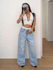 StreetHx Quần jeans ống rộng cạp thấp thêu họa tiết, phong cách đường phố thường ngày, thời trang. - Rửa nhẹ - Xem 4