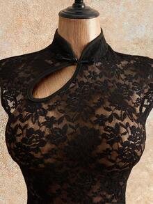 Mistrie Women's Daily Casual Elegant & Sexy Black Lace Hollow-Out Sheer Shirt With Frog Closure Decor & Slim Fit - Black - View 6