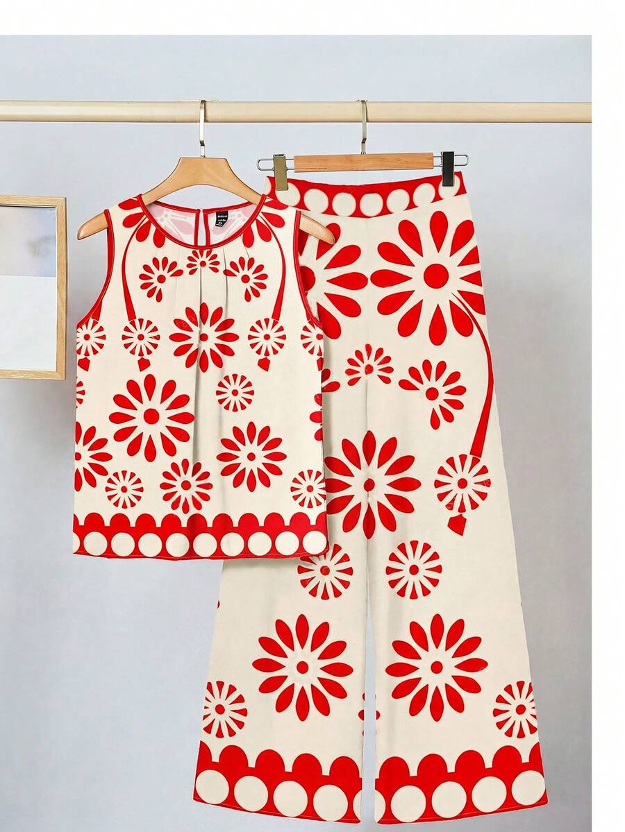 SHEIN Clasi 夏季加大码碎花无袖休闲两件套 - 紅色 - 查看 1