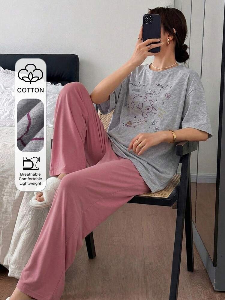 Women's Funny Cartoon Letter Print Dropped Shoulder Loose Top And Pants Pajama Set, Suitable For Spring, Summer And Autumn