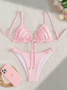 Swim Mod Conjunto de bikini de 2 piezas de color rosa vibrante con frente de volantes con textura, lazo en la cintura y plisado, de moda dulce y elegante para fiestas, verano y vacaciones en la playa - Rosa - Ver 2