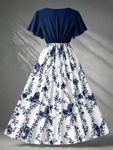 Franclia 大尺碼女款印花對比色休閒 1960 年代優雅洋裝，收腰蝴蝶結 V 領花卉印花，海軍藍，適合婚禮、夏季早午餐派對 - 藏蓝色 - 查看 2