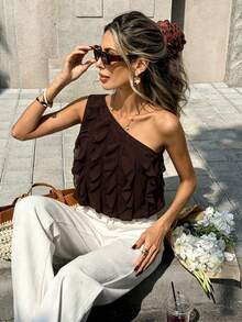 SHEIN PariChic Women Elegant Multi-Layer Ruffle Trim Single Shoulder Top,Coffee Brown Summer Casual Holiday Vacation Summer Outfits Chic Figure Flattering Top - Coffee Brown - View 6