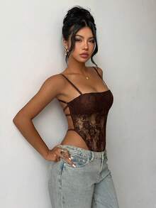 Aloruh Solid Color Lace Backless Camisole Camisole - Coffee Brown - View 5