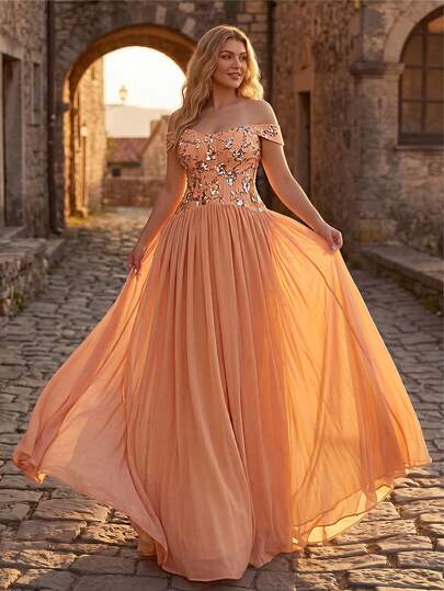 Glamrae Plus-Size Champagne-Colored Off-Shoulder Design Exudes Elegance And Romance, Adorned With Luxurious Beaded Chiffon And Sequined Ribbon Details. The Fitted Waist And A-Line Silhouette Make It Suitable For Weddings, Parties, Celebrations, And Formal Dinners (Exquisitely Designed).