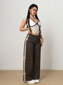 PETITE Jeans de pierna ancha de cintura baja con bloque de color lavado, decoración de lazo para mujer, jeans de mezclilla de lavado oscuro de invierno, vintage, streetwear, para fiesta de Año Nuevo - Marrón - Ver 6