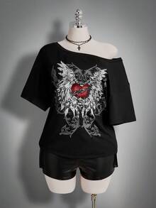 SHEIN ICON 大码女式哥特图案印花宽松不对称肩部T恤，街头服饰 - 黑色 - 查看 4