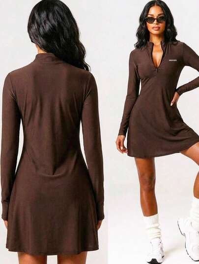 Innovista Women's Summer Letter Print Zipper Half-Zip Side Slit Long Sleeve Thumb Hole Sun Protection Jacket Outdoor Outfit For Women Dresses For Women Summer Dresses For Women Winter Brown Half-Zip Mock Neck Dress Brown Dress For Women Long Sleeve Brown Dress Quick Ship Active Wear Premium Performance Fabric Dress Brown Dress Brown Mini Dress Brown Long Sleeve Dress Brown Short Dress Women's Casual Dress